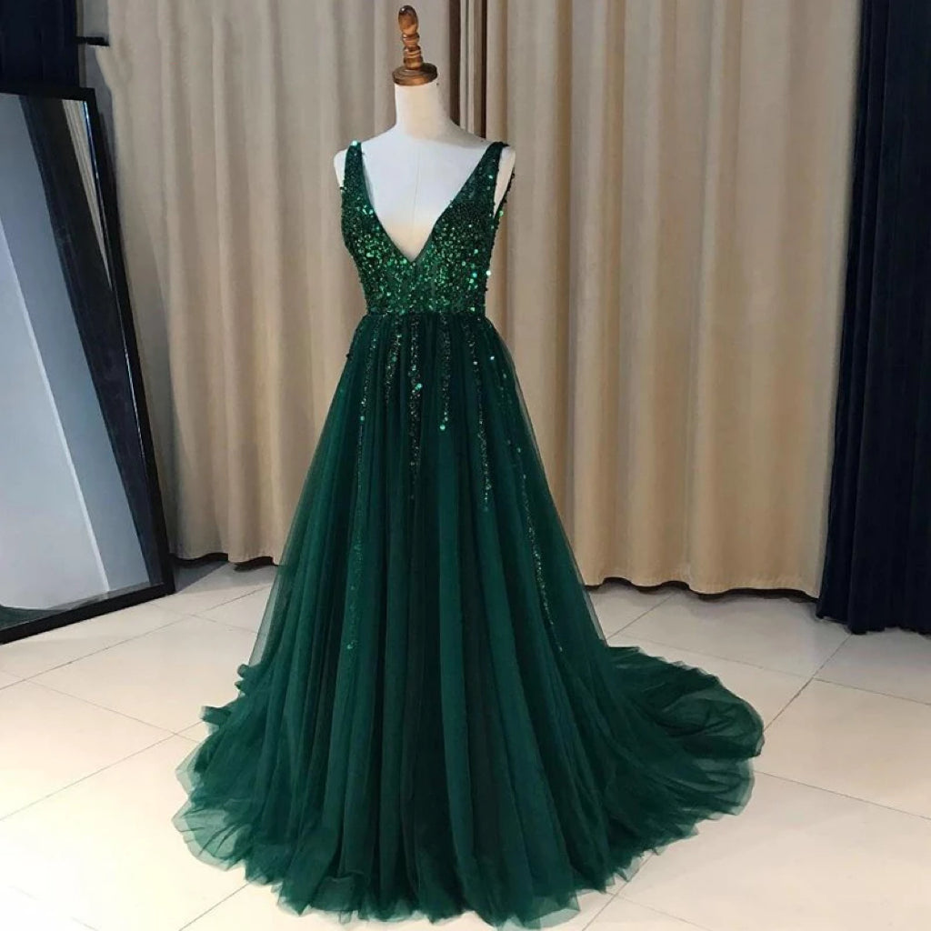 Dark green v sales neck prom dress