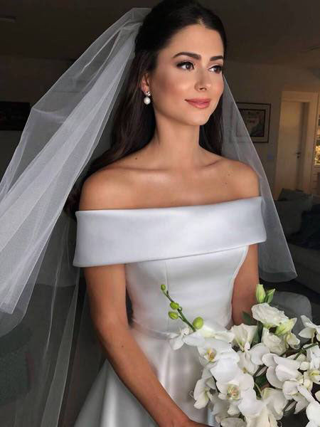 A Line Satin Off the Shoulder Ivory Wedding Dresses Short Sleeves