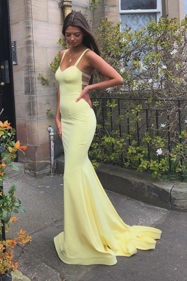 Yellow Satin Pleated Prom Dresses Mermaid Spaghetti Strap Evening Dres –  Viniodress