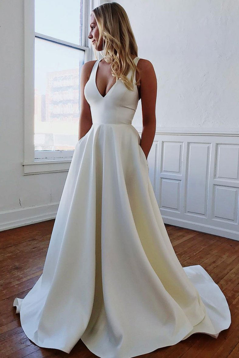 Elegant V Neck Ivory Wedding Dresses with Pockets Open Back Satin