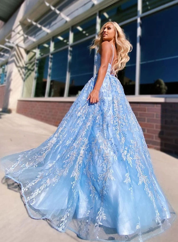 Flowy Ball Gown Light Blue Spaghetti Straps Lace Appliques Prom