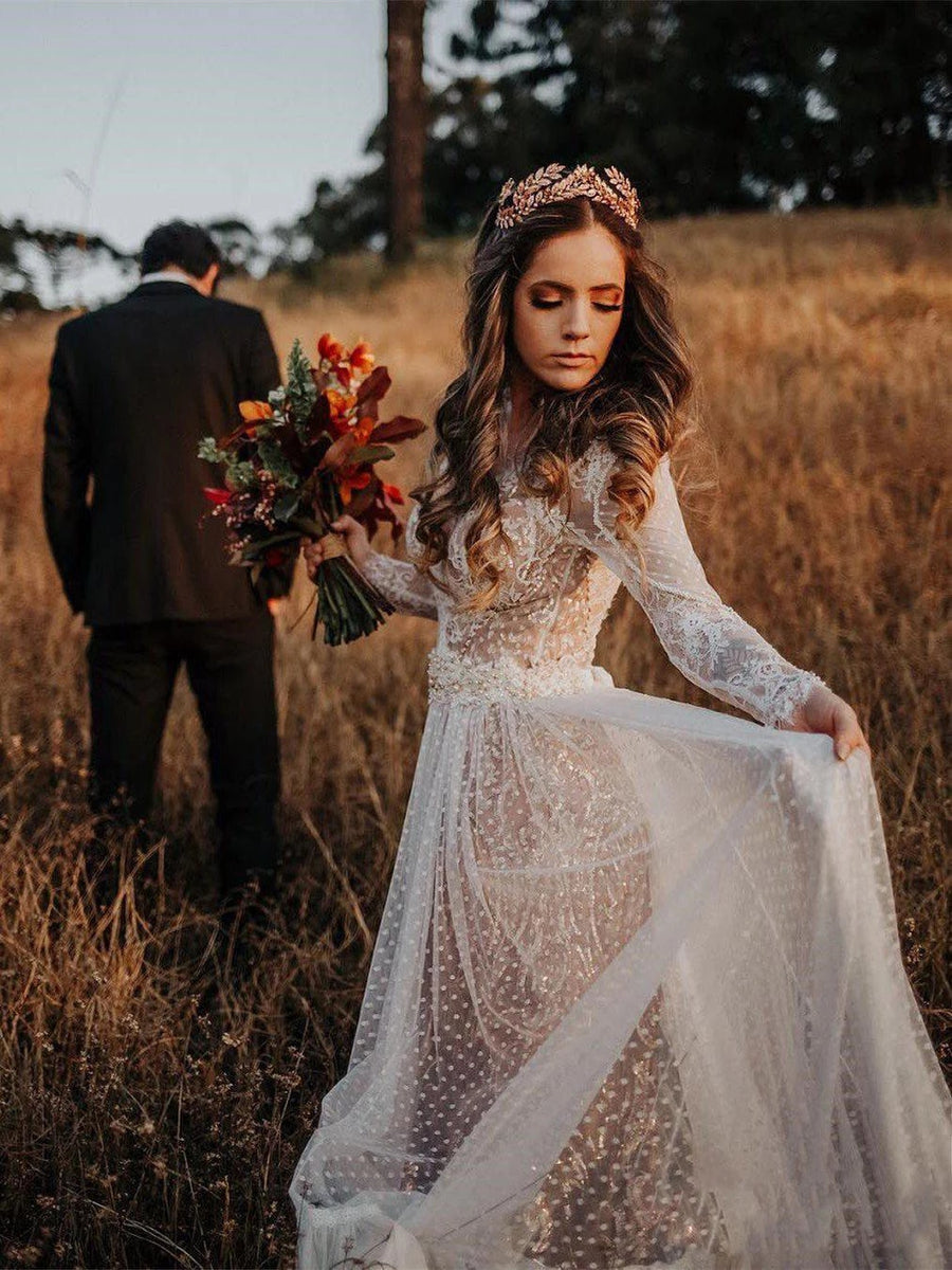 Polka Dot Long Sleeve Boho Wedding Dresses Lace Bohemian Backless