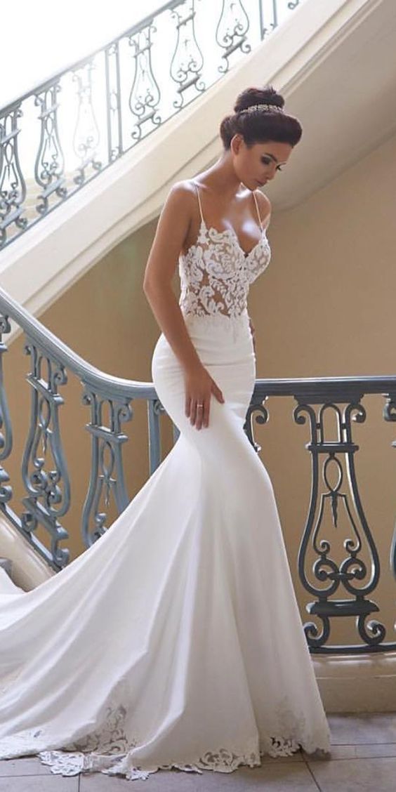 Silk Satin Mermaid Spaghetti Straps Wedding Dress, MW602