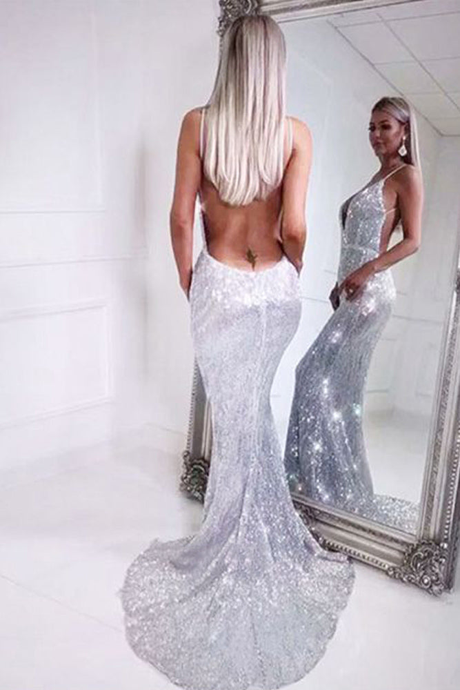 Mermaid Sparkly Silver Sequin Backless V-Neck Spaghetti Straps
