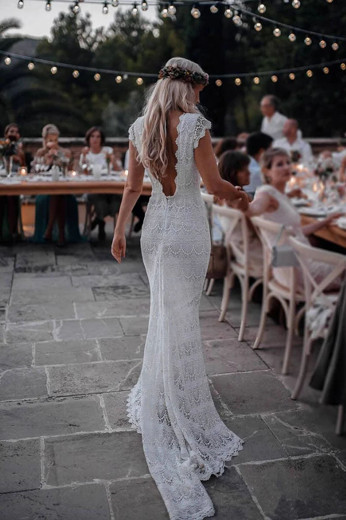 Vintage Backless Lace Boho Mermaid Wedding Dresses Cap Sleeve