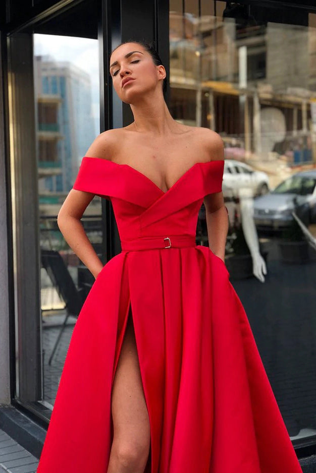 Red satin v hot sale neck prom dress