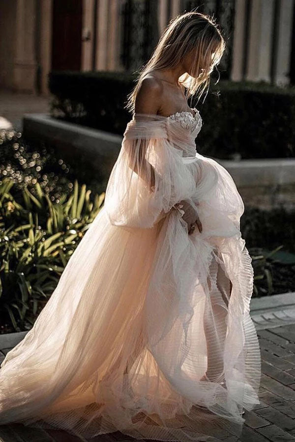 Princess Long Puff Sleeves Off the Shoulder Tulle Beach Wedding