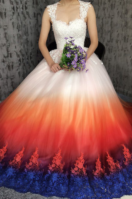 Princess Sweetheart Lace Appliques Ombre Tulle Long Prom Wedding