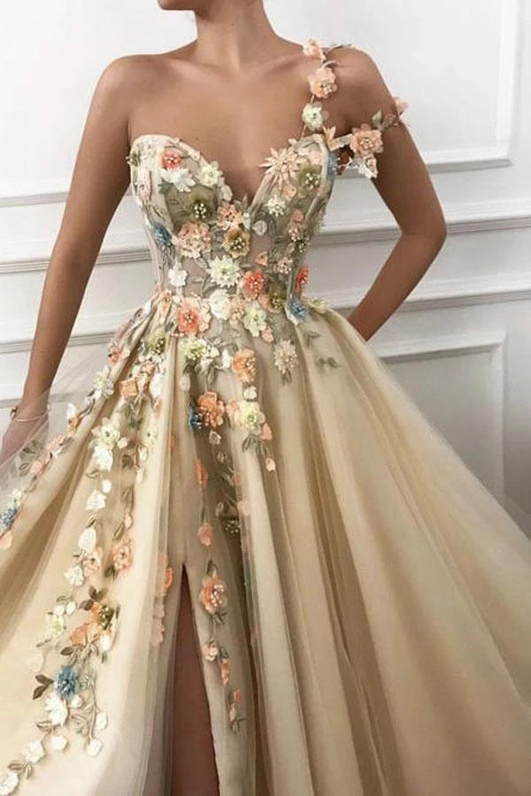 A Line One Shoulder V Neck 3D Flowers Prom Dress Tulle Evening