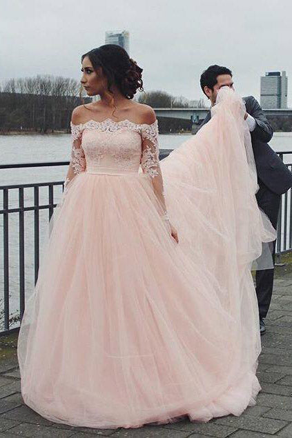 Off the Shoulder Long Sleeves Blush Pink Tulle Pink Wedding