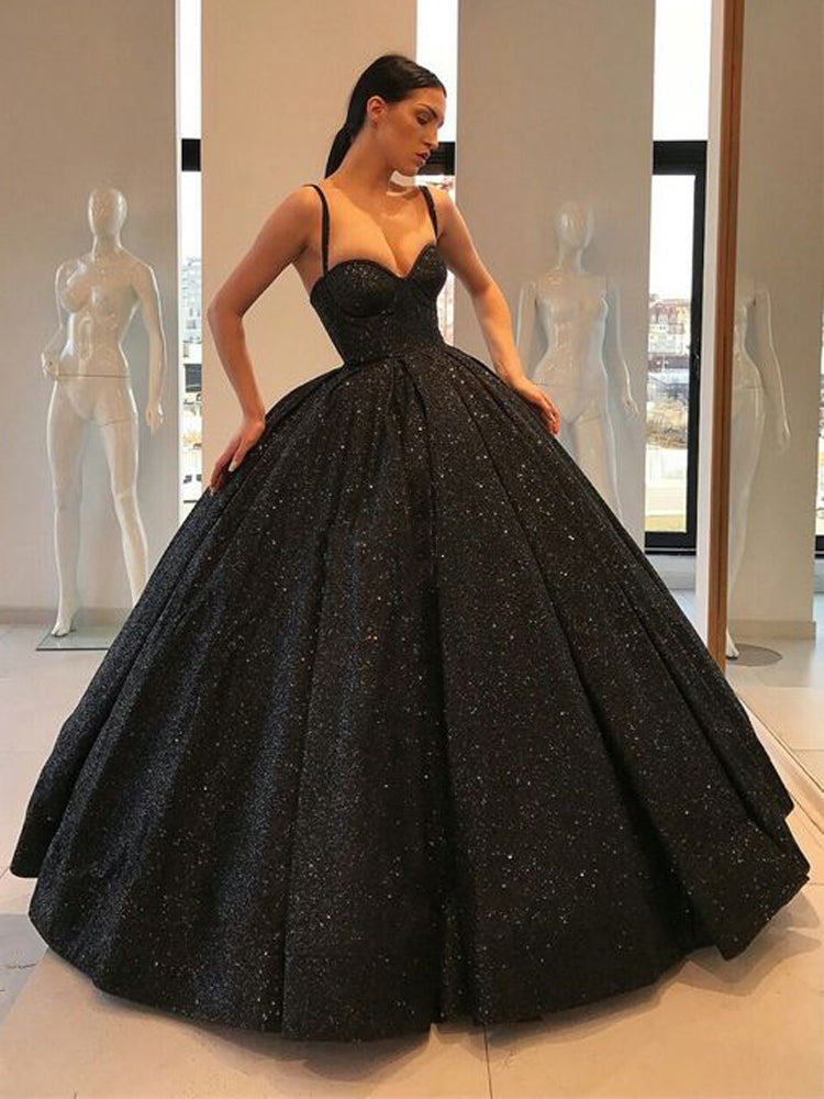 Spaghetti Straps Black Sweetheart Ball Gown Sequins Quinceanera