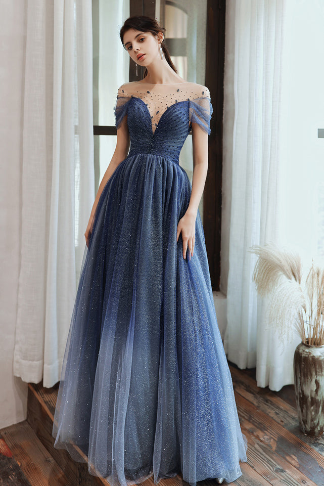 Charming A Line Blue Ombre Tulle Prom Dresses with Open Back