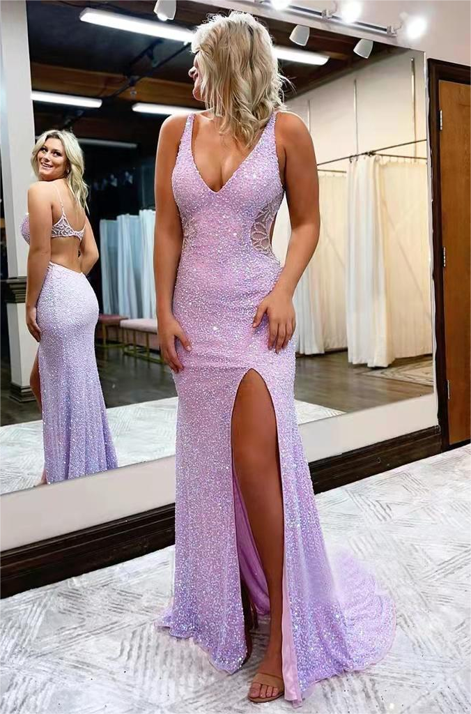 Sparkly Mermaid V-neck Sleeveless Long Prom Dress with Slit