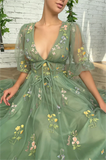 Flowy Green V-Neck Floral Lace Tea Length Prom Dress