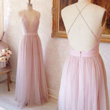 A Line V-Neck Pink Criss Cross Long Prom Dress