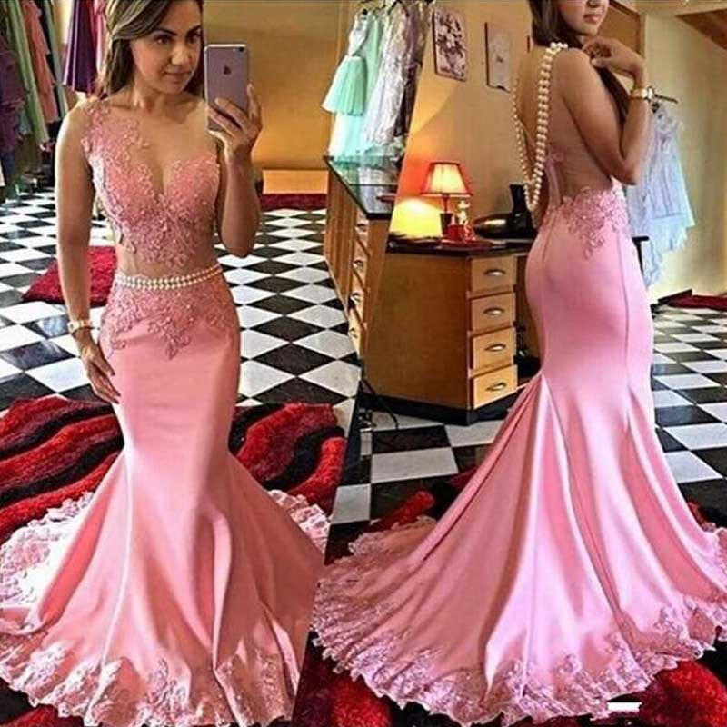 Mermaid Pink Lace See Through Sleeveless Beads V-Neck Long Prom Dress