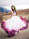 Flowy Two Pieces White Straps Prom Dress Bateau Fuchsia Dyed Chiffon Wedding Dress W1120