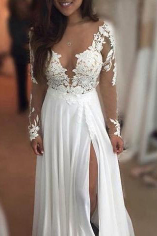 Long Sleeves Jewel Illusion Neck Lace Appliques Floor Length Prom Dress