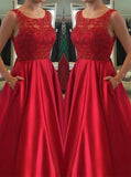 Elegant Sleeveless Floor-Length Red Beads Open Back Pockets Prom Dress PM589