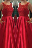Elegant Sleeveless Floor-Length Red Beads Open Back Pockets Prom Dress PM589