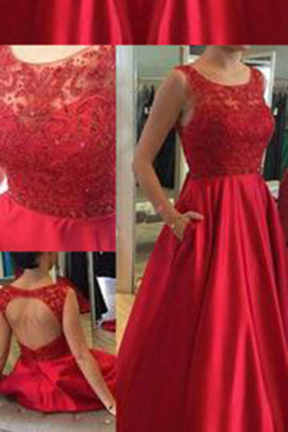 Elegant Sleeveless Floor-Length Red Beads Open Back Pockets Prom Dress PM589