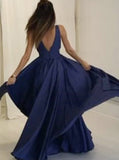 Sexy A Line Deep V Neck Long Blue Prom Dresses Evening Gown PD1118