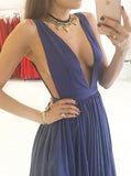 Sexy A Line Deep V Neck Long Blue Prom Dresses Evening Gown PD1118