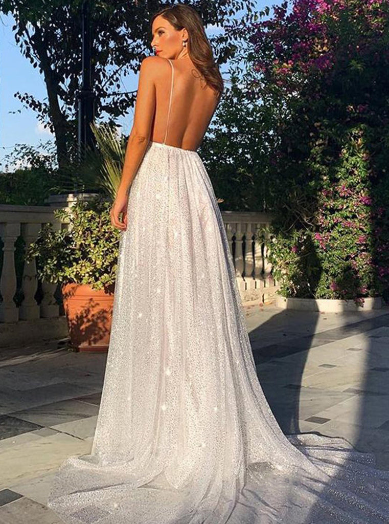 Charming A Line Backless Sequins Evening Dresses Prom Dresses PD1108