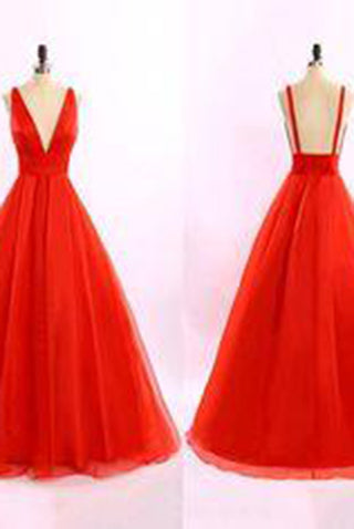 Red V-Neck Backless Long Tulle Prom Dresses Evening Dresses PM494