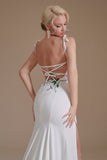 Simple Spaghetti Straps Appliques Sweep Train High Split Prom Dress Wedding Dress