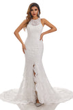 Elegant Lace Mermaid Sleeveless Chapel Trailing Open Back Wedding Dresses