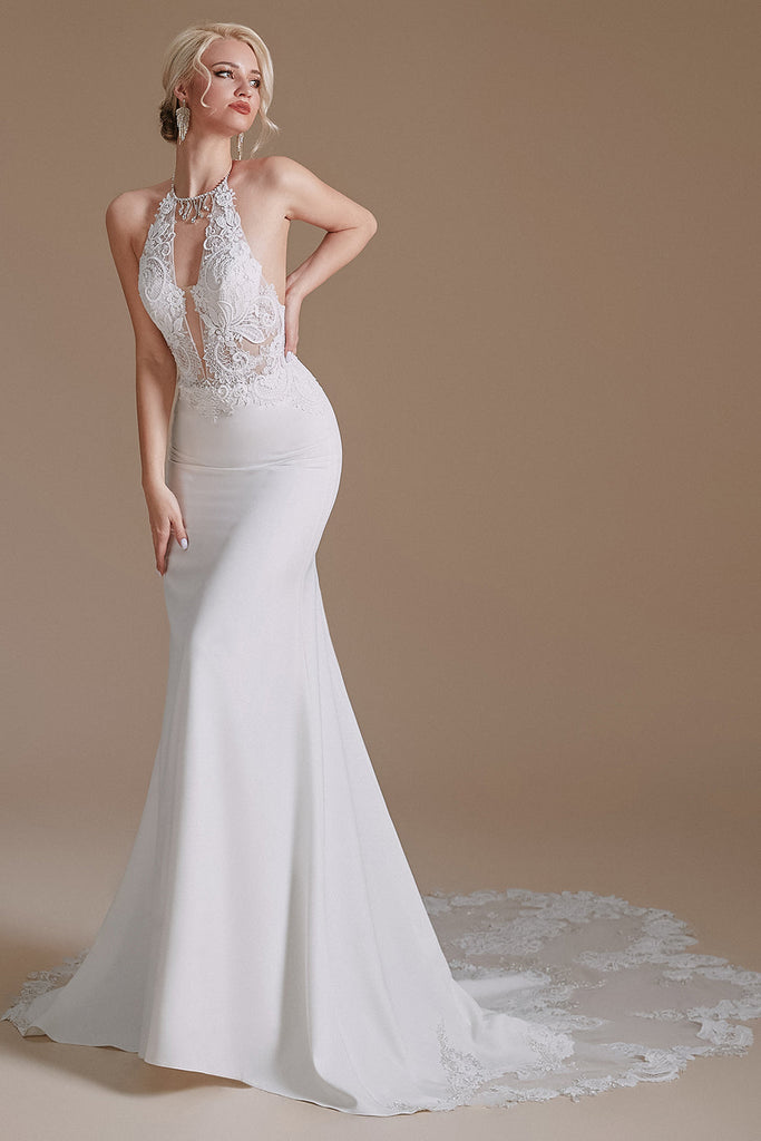 Mermaid Lace Appliques Elegant Backless Wedding Dress