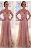 Long Sleeves V-Neck Tulle Prom Dresses with Detachable Train dusty pink sexy prom Dresses PD210187