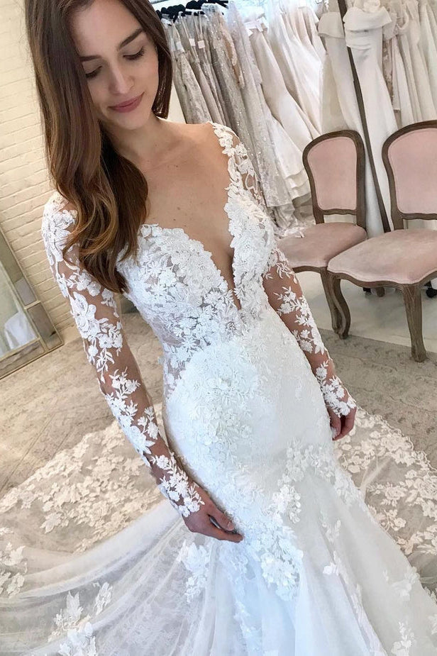 Mermaid Long Sleeve Lace Wedding Dress with Appliques N116