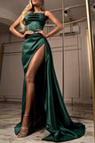 Mermaid Dark Green Spaghetti Straps Satin Prom Dresses with Split PD0189