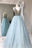Unique V-Neck tulle sequin beading Long Prom Gown Evening Dress