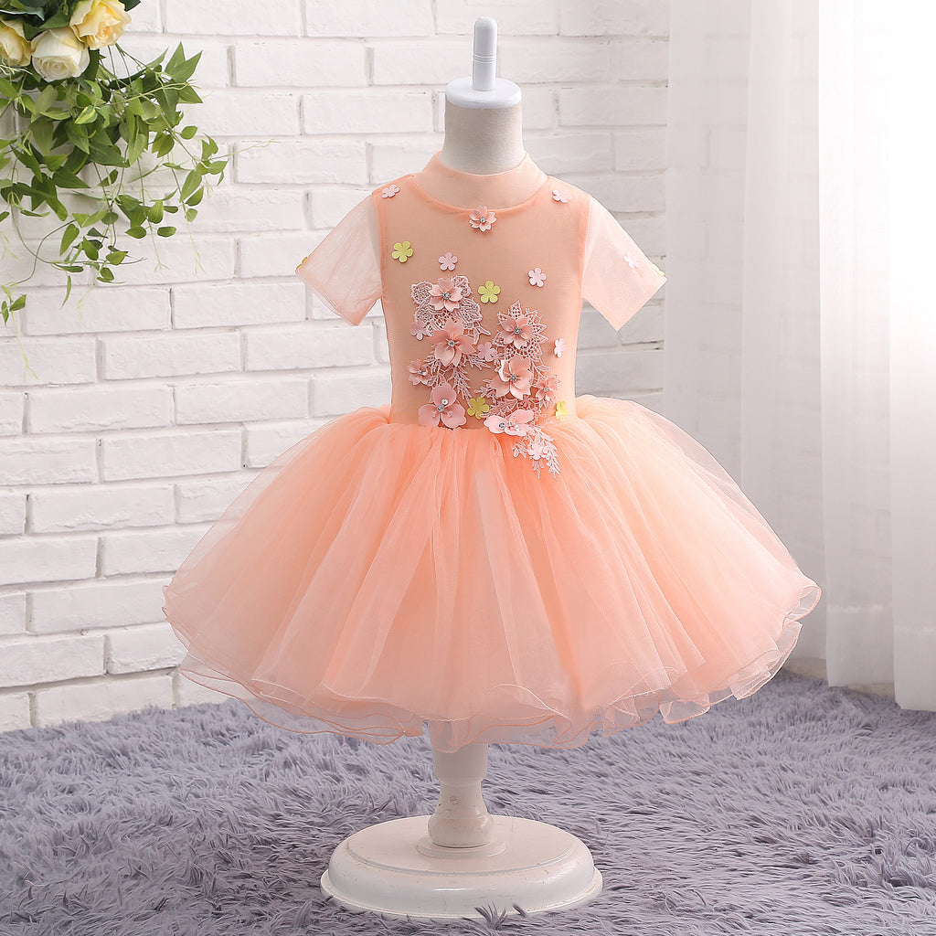 A Line Round Neck Short Sleeve Floral Tulle Flower Girl Dress WH14805