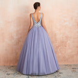 Ball Gown V-Neck Sleeveless Appliques Tulle Floor Length Prom Dress WH44361