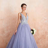 Ball Gown V-Neck Sleeveless Appliques Tulle Floor Length Prom Dress WH44361