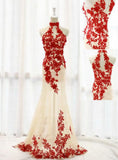 Fashion Champagne Tulle Formal Gown Red Lace Prom Dress