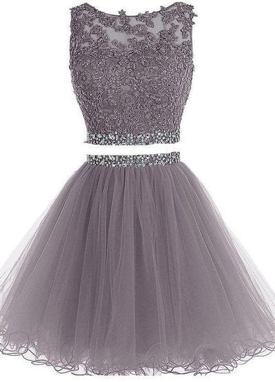 Two Pieces Grey Beaded Sleeveless Open Back Tulle Homecoming Dress