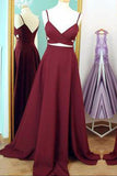 Wine Red Spaghetti Straps Two Piece Long Prom Dresses