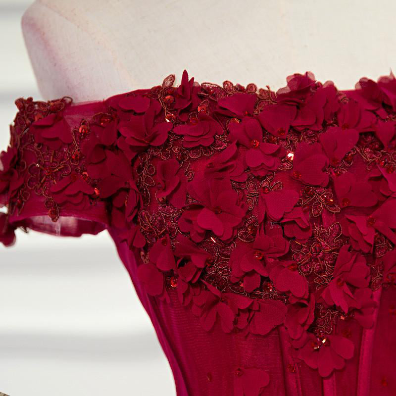 A-line Tulle Burgundy Short Sleeve Off-the-Shoulder Scoop Hand-Made Flower Prom Dresses uk PM776