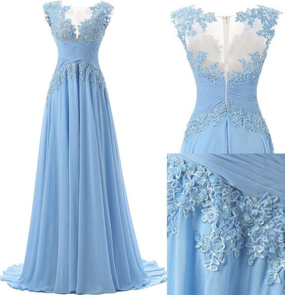 Fashion A-line Scoop Sweep Train Appliques Chiffon Sleeveless Light Blue Prom Dresses uk PM160