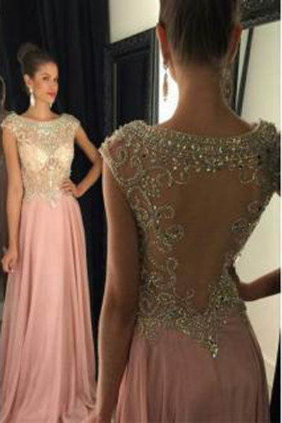 Pearl Pink Chiffon Backless Modest Sparkle Cap Sleeves Beads Long Prom Dress