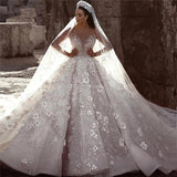 Stunning Long Sleeve Ball Gown 3D Flowers Wedding Dress Long Wedding Gowns W1164