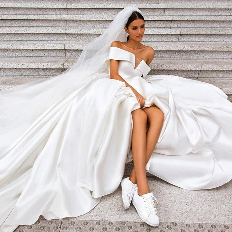 Ball Gown Off the Shoulder White Satin Wedding Dresses Wedding