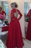 A Line Long Sleeves Open Back Lace Deep V-Neck Long Prom Dress