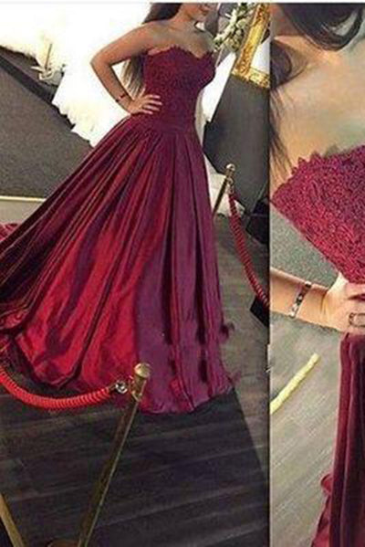 Gorgeous Burgundy Long Sweetheart Strapless Lace Prom Dresses