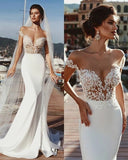 Stunning Mermaid Cap Sleeve Sheer Neck Long Wedding Dresses Beach Wedding Gowns W1105